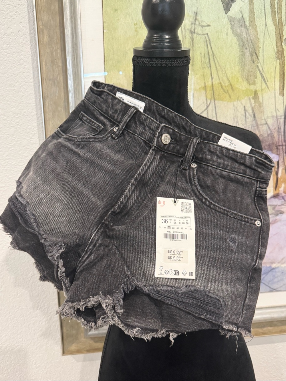 Zara Black Washed Distressed Denim Cutoff Shorts